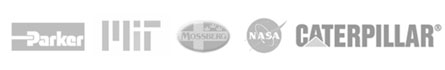 Grayscale logos featuring Parker, MIT, NASA, and Caterpillar.