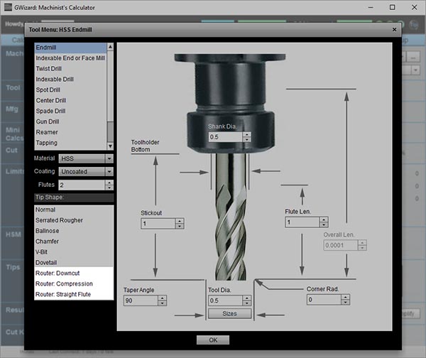 Computer screenshot of a tool diagramming an end mill bit for machining and CNC operations.