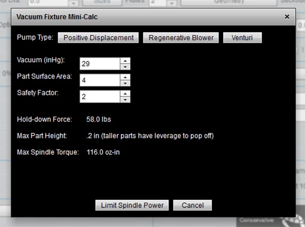 Screenshot of Vacuum Fixture Mini-Calc tool on CNCCookbook.com with calculation settings.