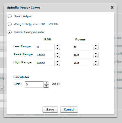Spindle power curve configuration dialog box with selected Curve Compensate option.