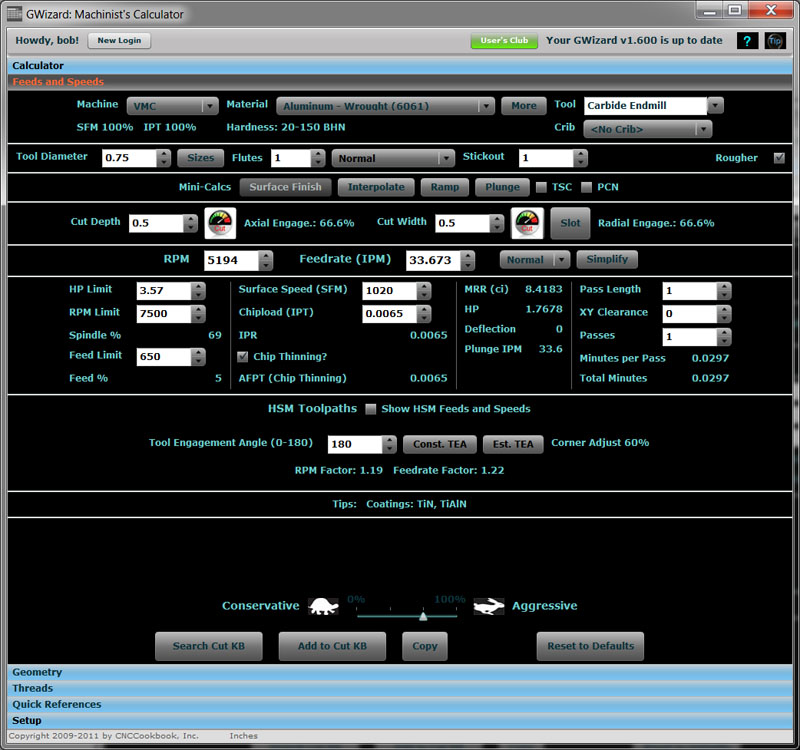 GWizard: Machinist's Calculator screenshot, Feeds and Speeds tool with black background and calculator sections for machining parameters.