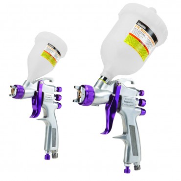 A spray gun with two attached plastic bottles at an angle, white background.