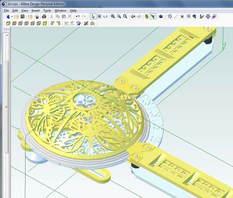 A screenshot of the Alibre Design software interface showing a 3D model of a mechanical device with yellow components and green measurement lines.