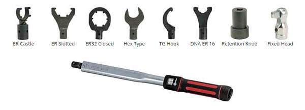 Torque wrench attachments and tools, featuring various ER and hex types.