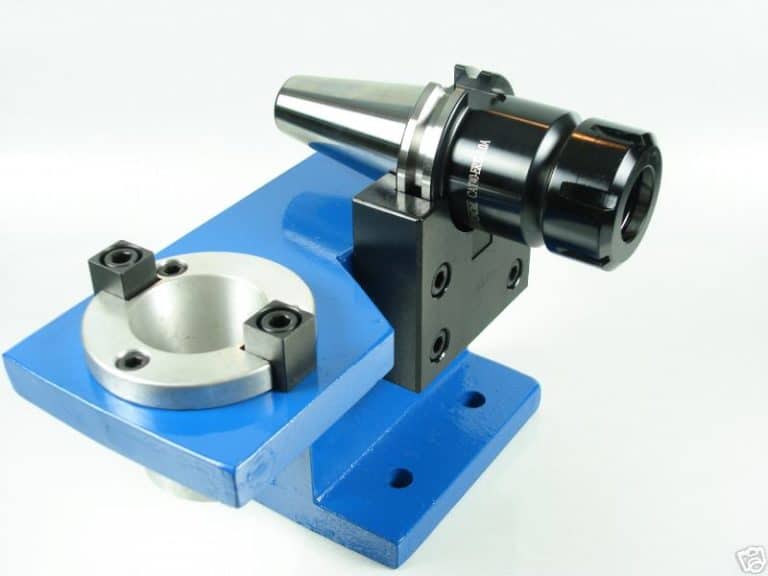Blue metal vise with silver cylinder attachment and black handle.