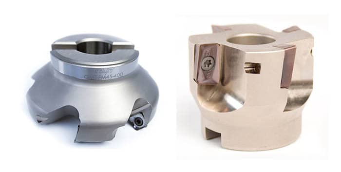 A silver metal component with a circular hole and inscribed '45 or 90 Degree Face Mill'.