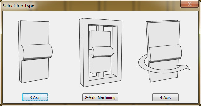 Computer-generated image showcasing three machining job types: 3 Axis, 2-Side Machining, and 4 Axis.