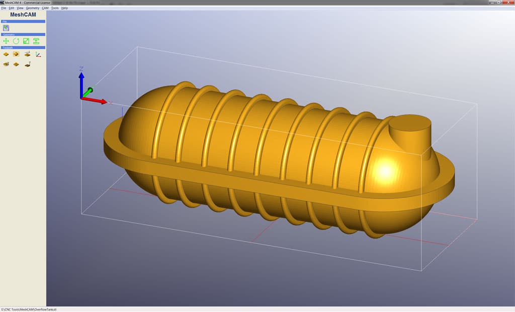 Cylindrical object with rounded ends and ridged exterior, suggestive of a tank or container.