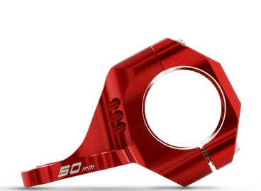 Red metal component with 50mm measurement mark and circular hole.