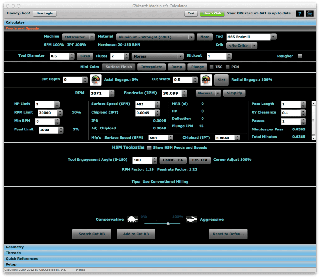 Machining calculator interface on CNCCookbook.com with settings and calculation results.