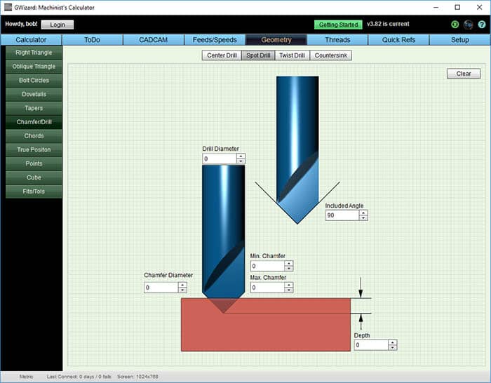 Computer screen displaying a website page with a graphic illustrating the geometry of a spot drill.