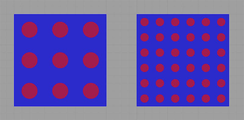 Blue square background with 3 grids of red dots: 9x9, 1x16, and 9x9.