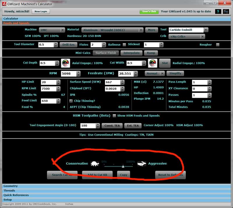 Calculator screen displaying feed rate settings for milling machine operations.