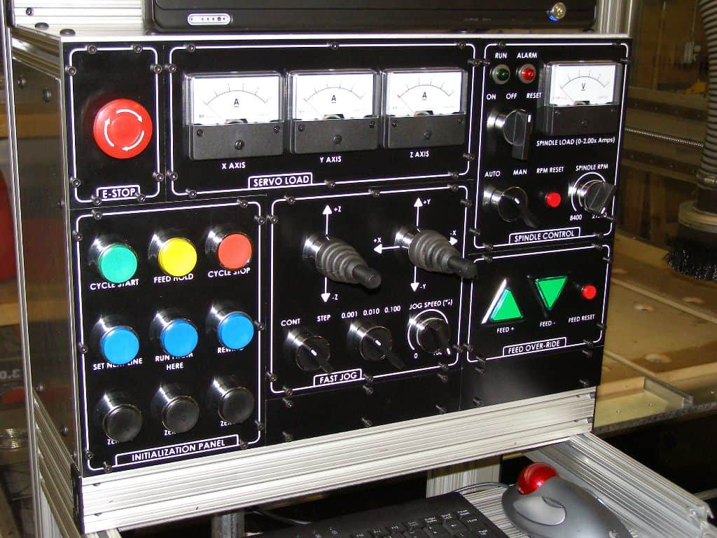 Machine tool control panel with knobs, dials, and switches labeled SERVO LOAD, SPINDLE CONTROL, and INITIALIZATION PANEL.