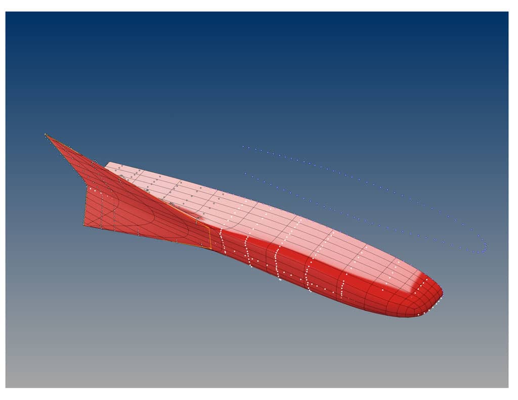 Sleek aircraft model with pointed nose, curved wings, and small windows.