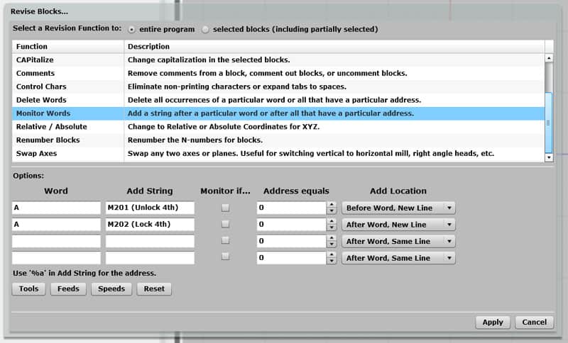 Machining software dialog box with revision options.