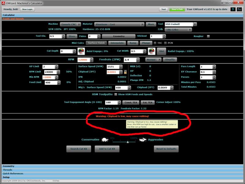 Warning message on CNCCookbook.com about toolpath rubbing in CNC machining.