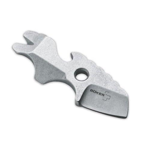 Silver Boker Plus Toucan knife tool with curved blade and flat end.