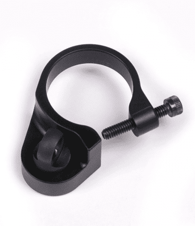 A black plastic clamp with a curved shape against a white background featuring a threaded rod.