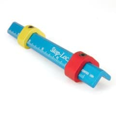 A cylindrical metal object with blue body, yellow and red caps, and "Stop-Loc" text.