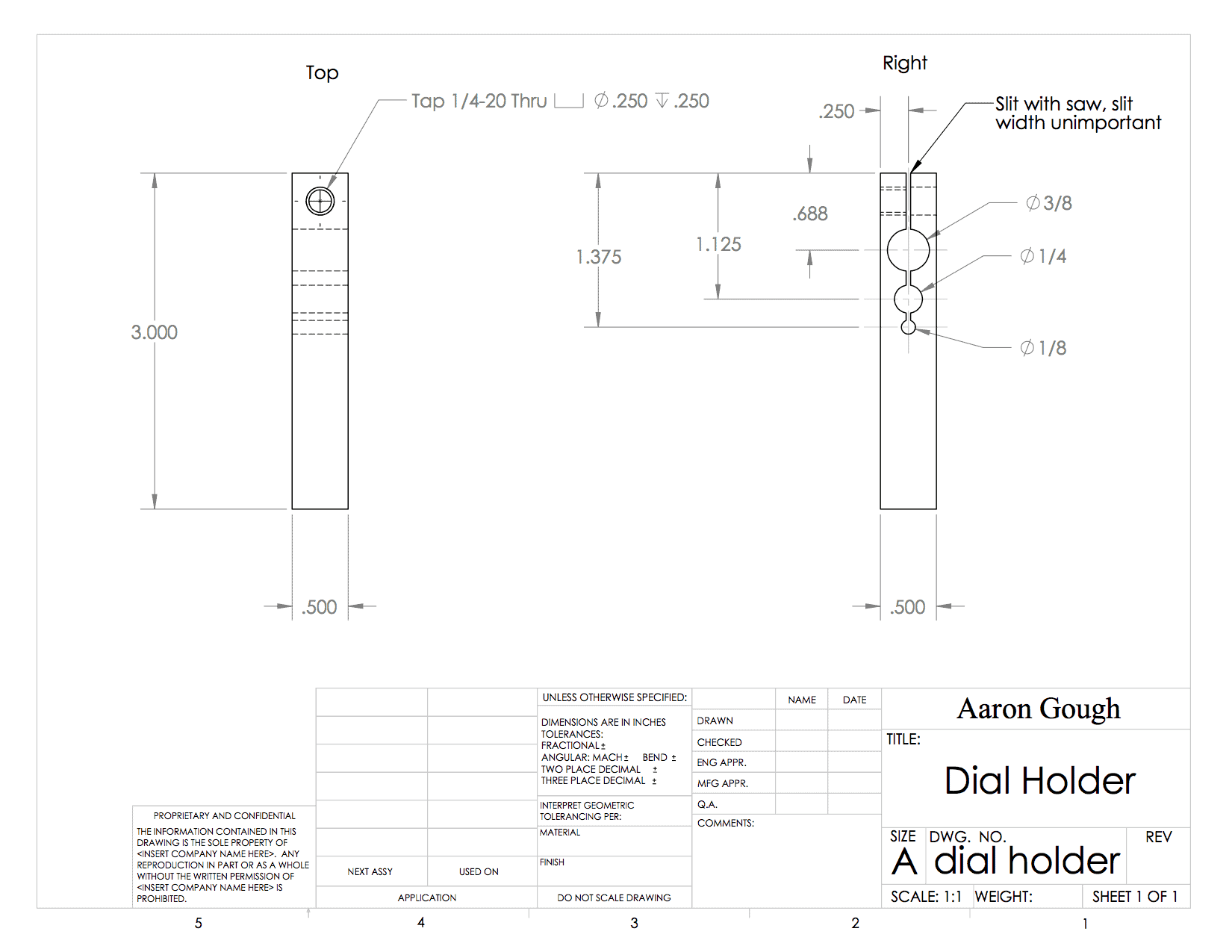 Technical drawing of dial gauge indicator holder with top and side views, including dimensions and creator's information.