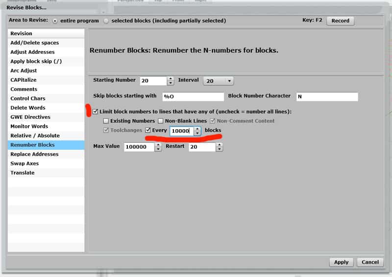 Grey pop-up window with "Re-number Blocks" heading and form for customizable block numbering.