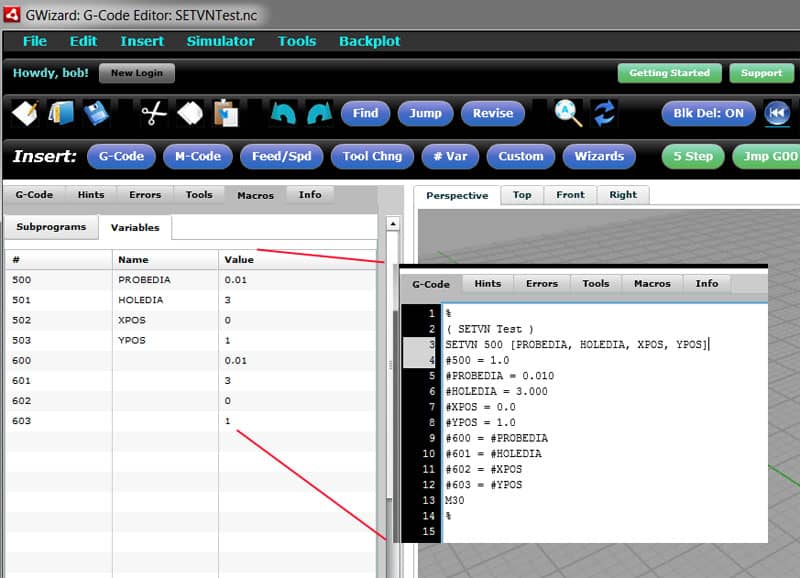 G-Code Editor in GWizard Software with Macro Variable Tab displayed.