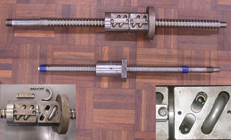 A ball screw, a machine component with a threaded shaft and rotating nut converting rotary motion into linear motion.