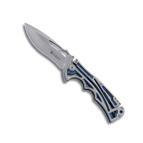 Silver knife with pointed blade and blue handle on light gray background.