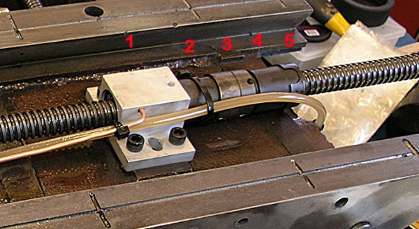 A photograph of a metalworking machine with drill press and vise.