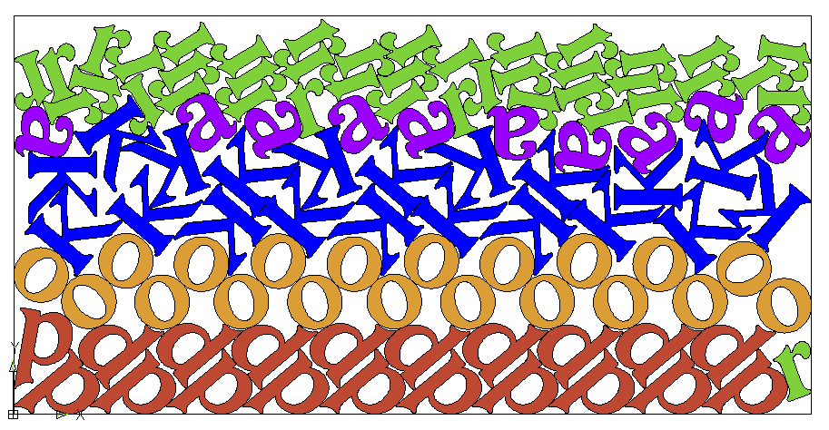 Colorful illustration of nesting process in machining with layered shapes and letters.