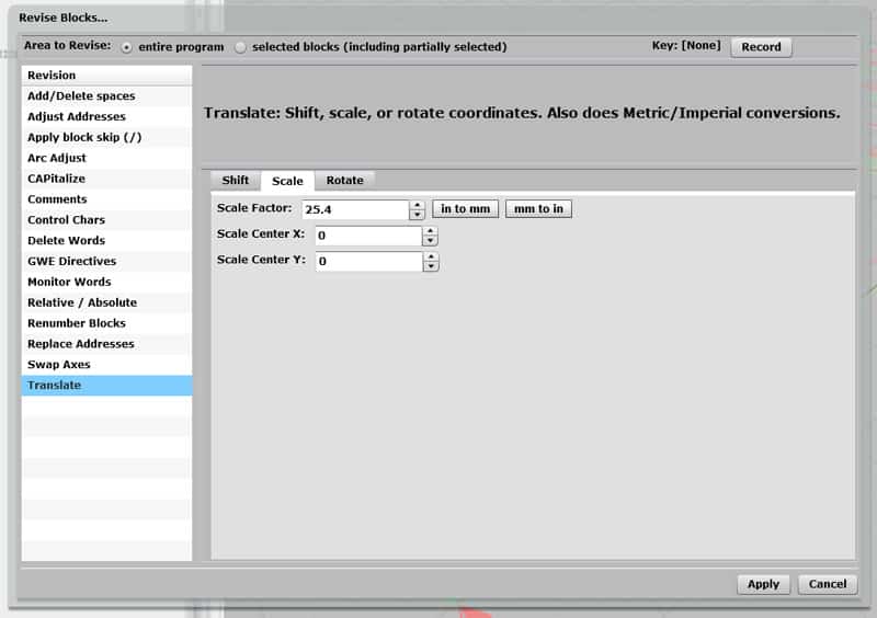 Computer screen displaying a gray background with text boxes, buttons, and menus for software related to machining and CNC machines.