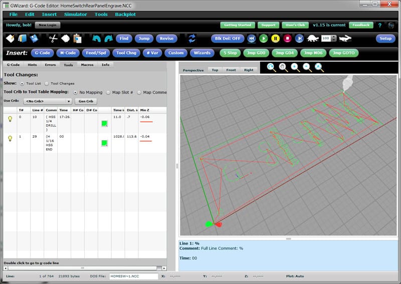 GWizard G-Code Editor with toolbar and graph displaying tool changes and machine movement.