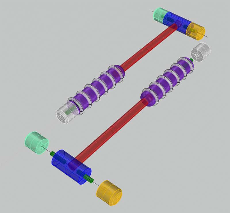 Two hammers with green and yellow heads, connected by a red shaft in a 3D rendering format.