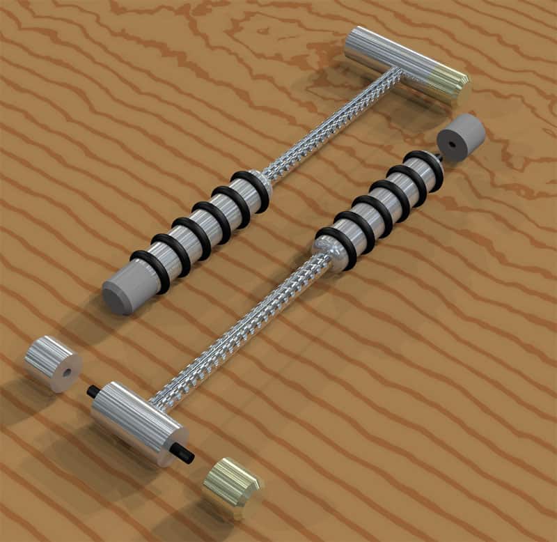 A 3D rendering of a hammer sketch tool with a silver body and black rings on a light brown wooden surface.