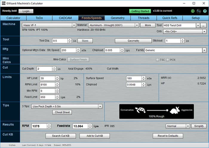 CAM software screenshot with navigation bar, workspace area, buttons, and status bar.
