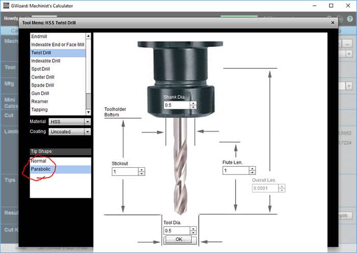 Machining tool menu with twist drill feeds and speeds.