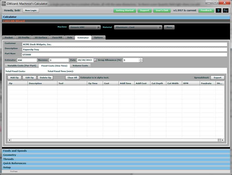 GWizard: Machinist's Calculator Estimator tool screenshot showing fixed cost breakdown.