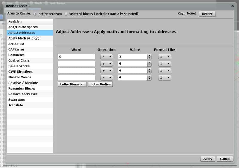 Computer screen showing a machining software interface with text boxes and dropdown menus.
