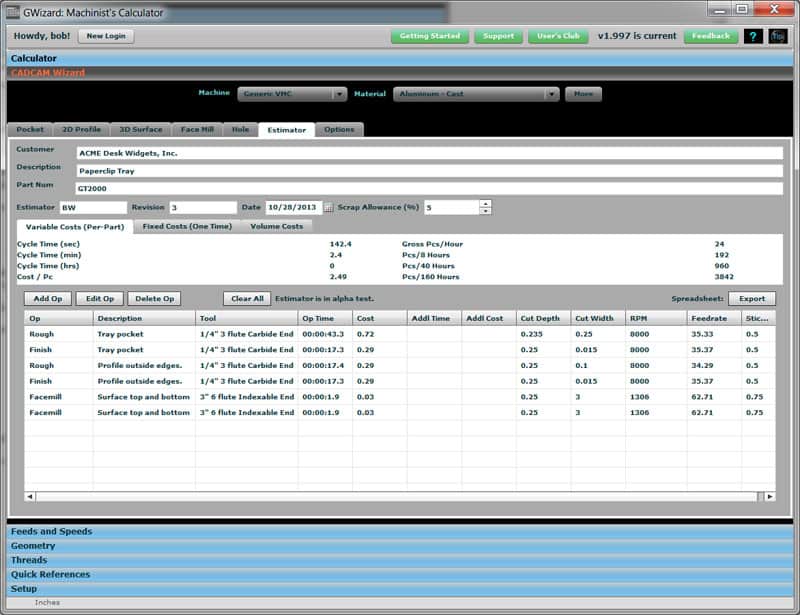 A calculator interface for machining and metal fabrication, with various tabs and a data table.