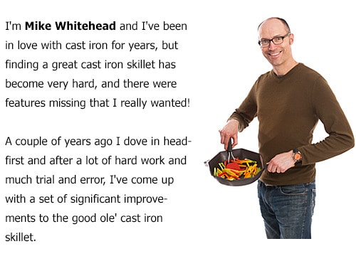 Man in glasses and brown shirt holding cast iron skillet with vegetables against white background.