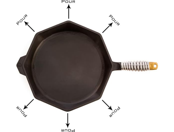 Black cast iron skillet with white handle and arrows pointing to center labeled "POUR".