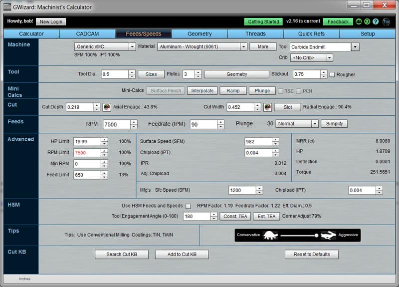 Screenshot of GWizard Machinist's Calculator interface.