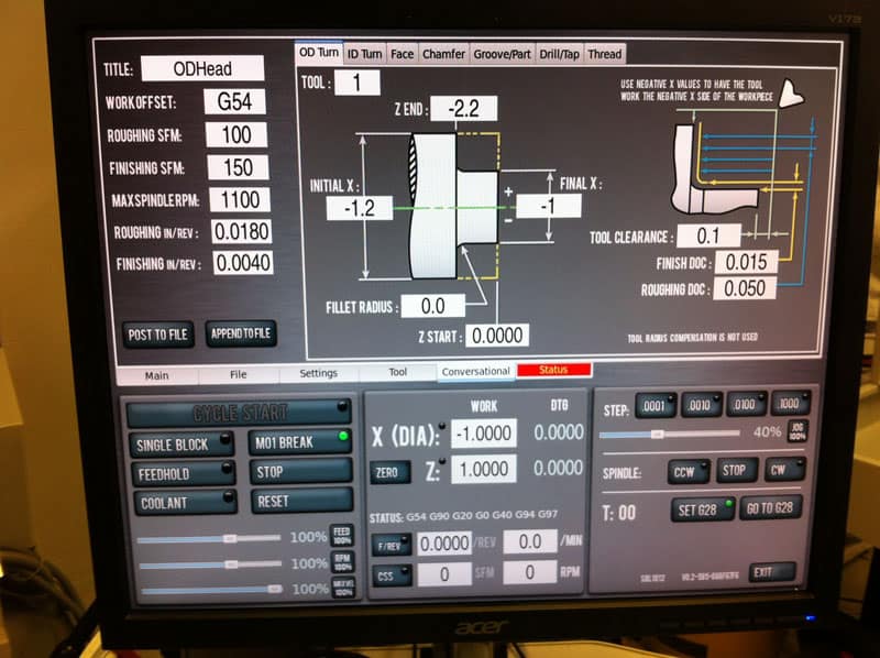 CNC machine user interface with menu bar, tooling and work offset fields, control buttons and settings display.