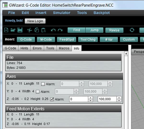 GWizard G-Code Editor screenshot with Alarm settings page.