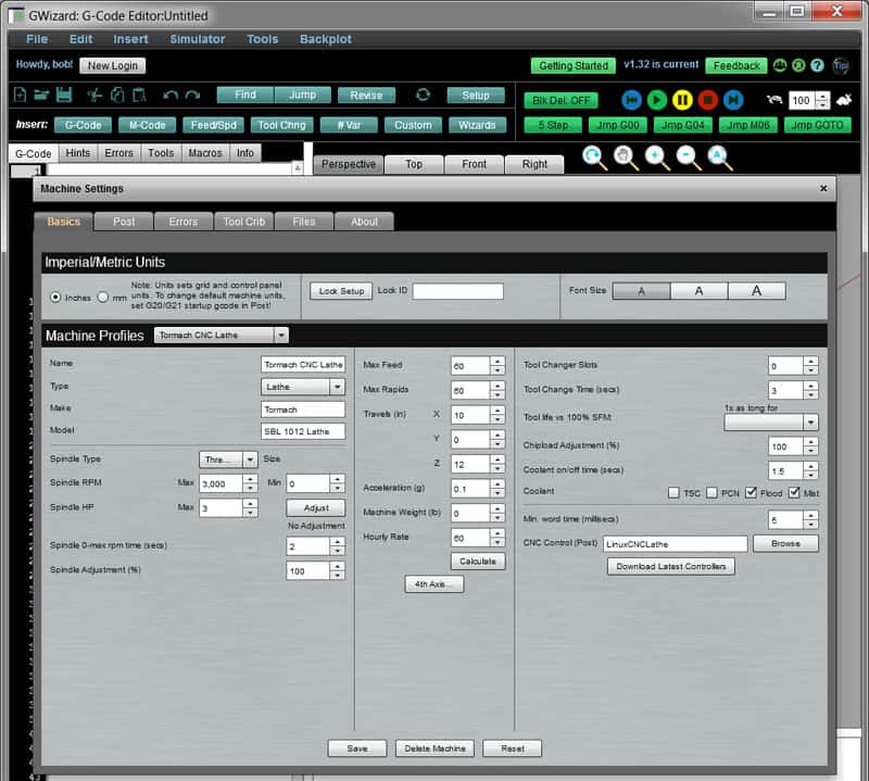 Machining software interface with customizable settings for toolpaths, feeds, speeds, and more.