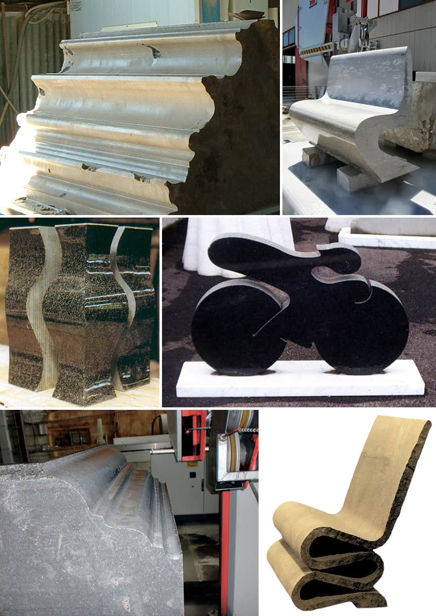 Granite bench designs in various stages of creation with intricate moldings and curved shapes.