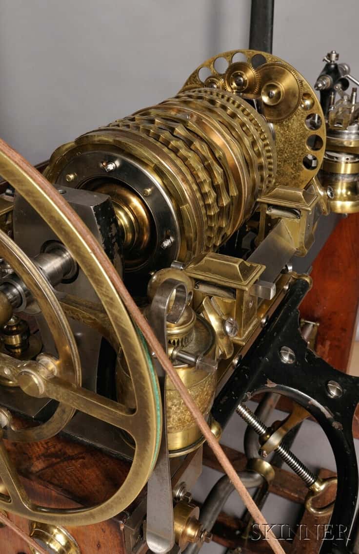 Antique brass mechanical engine with intricate gears and cogs.