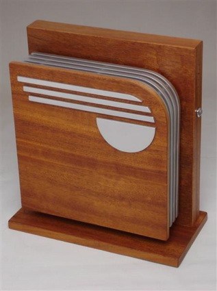Art Deco-style wooden card holder with rich brown wood grain and white cards stacked on a light gray background.