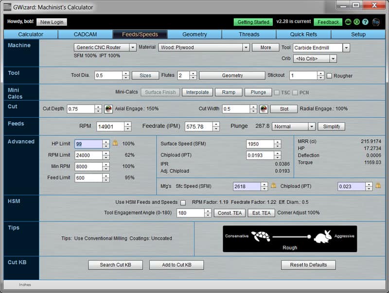 Machining website screenshot featuring GWizard calculator